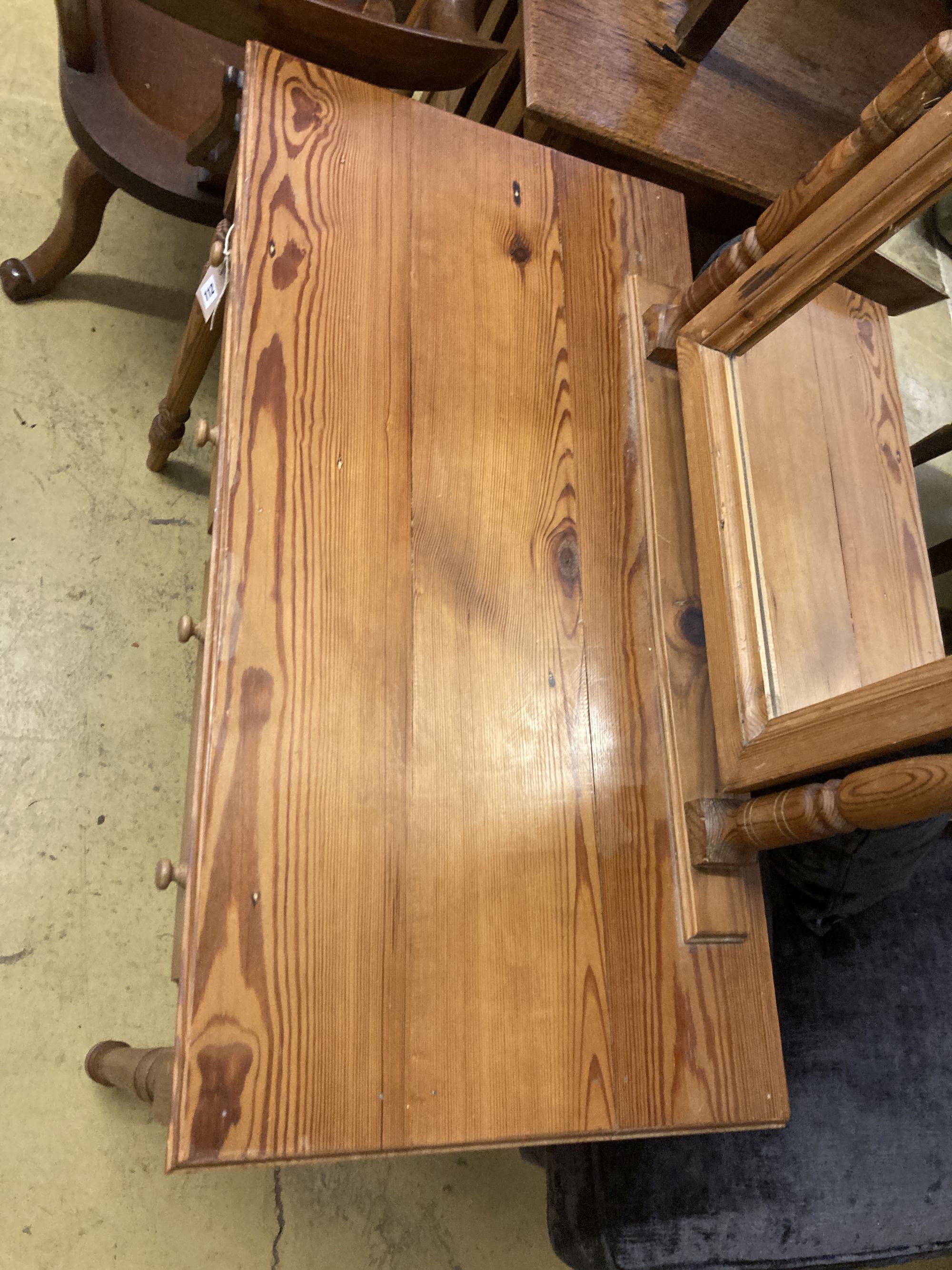 A pitched pine dressing table, width 96cm, depth 50cm, height 148cm